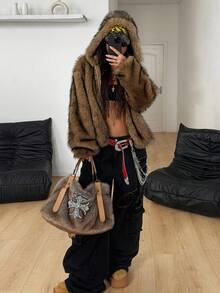 Coolane Women's & Men's Winter Streetwear Party Chic Hippie Casual Vintage Y2K Grunge Cave Fur Zip Up Warm/ Cold Weather/ Thermal Brown Oversized Hooded Fluffy Coat
