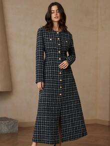 BELROSIE Elegant Autumn Black And White Checkered English Style Plaid Cross Pattern Metal Buckle Thick Fabric Double Pocket A-Line Long Sleeve Dining Dress - Black and White - View 3