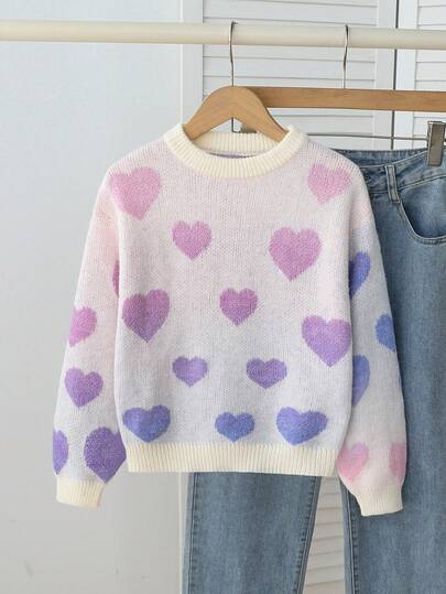 SHEIN Genkimix Kids Áo len Y2Y cổ tròn vai màu chuyển sắc cầu vồng tình yêu cho bé gái tuổi mới lớn Thiết kế sáng tạo, đa năng, phong cách nghỉ dưỡng, phù hợp đi học, dự tiệc, dự tiệc Giáng sinh, dự tiệc, dự tiệc, dự tiệc, giải trí, thể thao