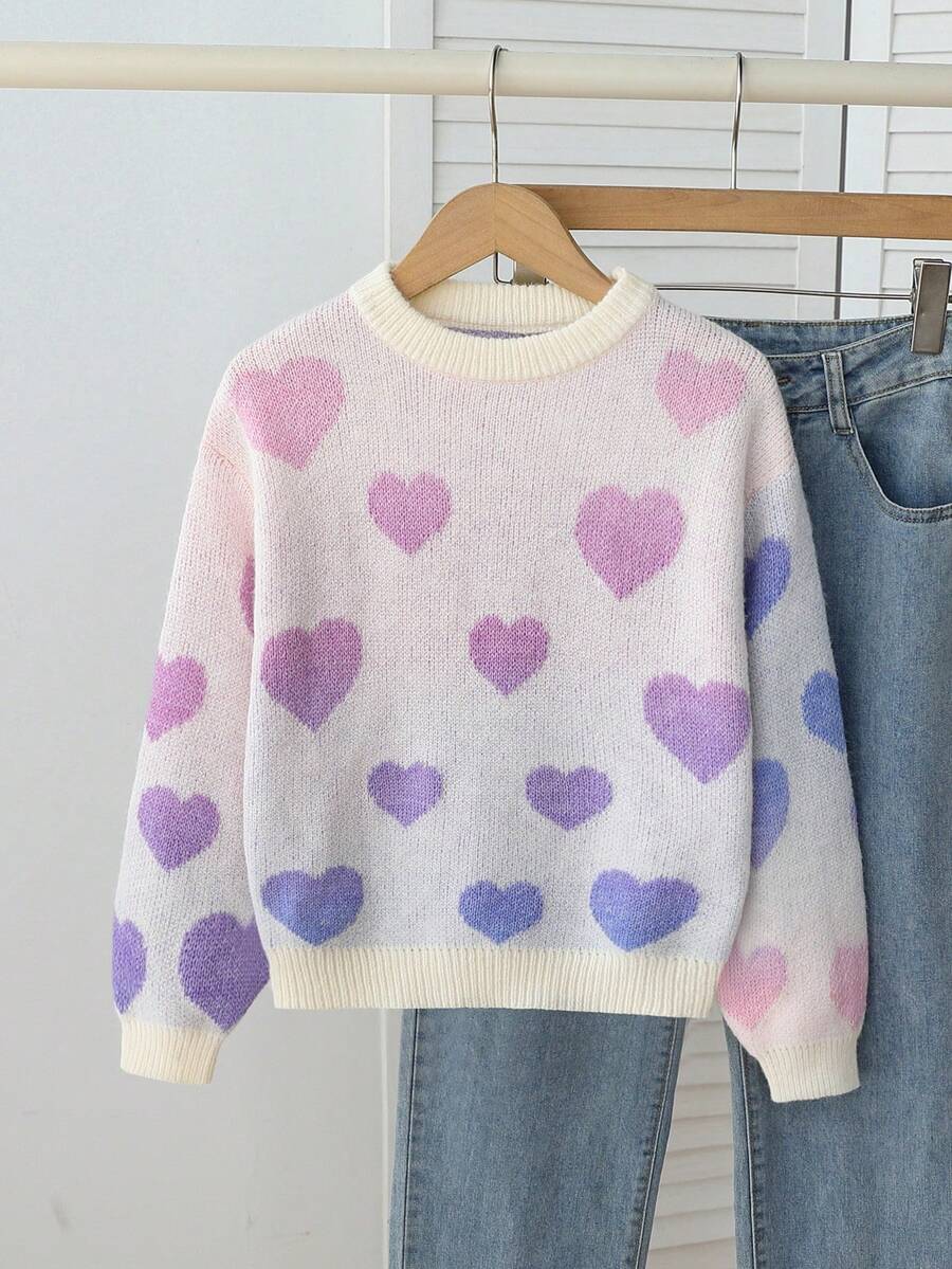 SHEIN Genkimix Kids 青少年女孩圓領紫色與白色彩虹愛心圖案可愛毛衣 開學季秋季校園休閒百搭 Y2Y 針織衫 適合派對與日常穿著 - 紫色 - 查看 1