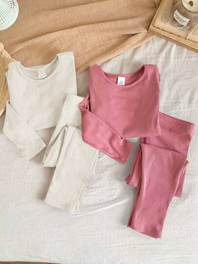 SHEIN LMoss Kids LMoss 4件套女婴可爱针织弹力纯色长袖上衣和松紧腰裤