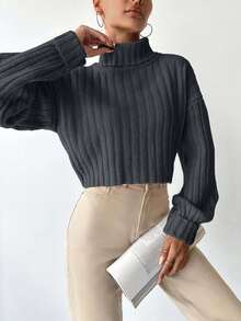 EURMUSE Women's Solid Color High Neck Drop Shoulder Casual Sweater - Grey - View 4