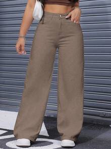 SHEIN ICON Plus Size Solid Color Casual Straight Loose Fit Jeans - Coffee Brown - View 5