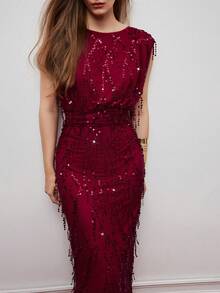 Maija Women's Sequin Fringe Ruched Bodycon Dress, Suitable For Party And Gathering - Burgundy - View 10