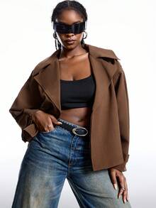 LYSMO Plus Size Brown Herringbone Plus Size Short Windbreaker, Autumn/Winter - Brown - View 6