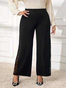 Miaspire Plus Size Lace Patchwork Solid Color Elegant Office Wide Leg Pants, Black Wide Leg Pants, Party For Women, , New,Spring - Black - View 8