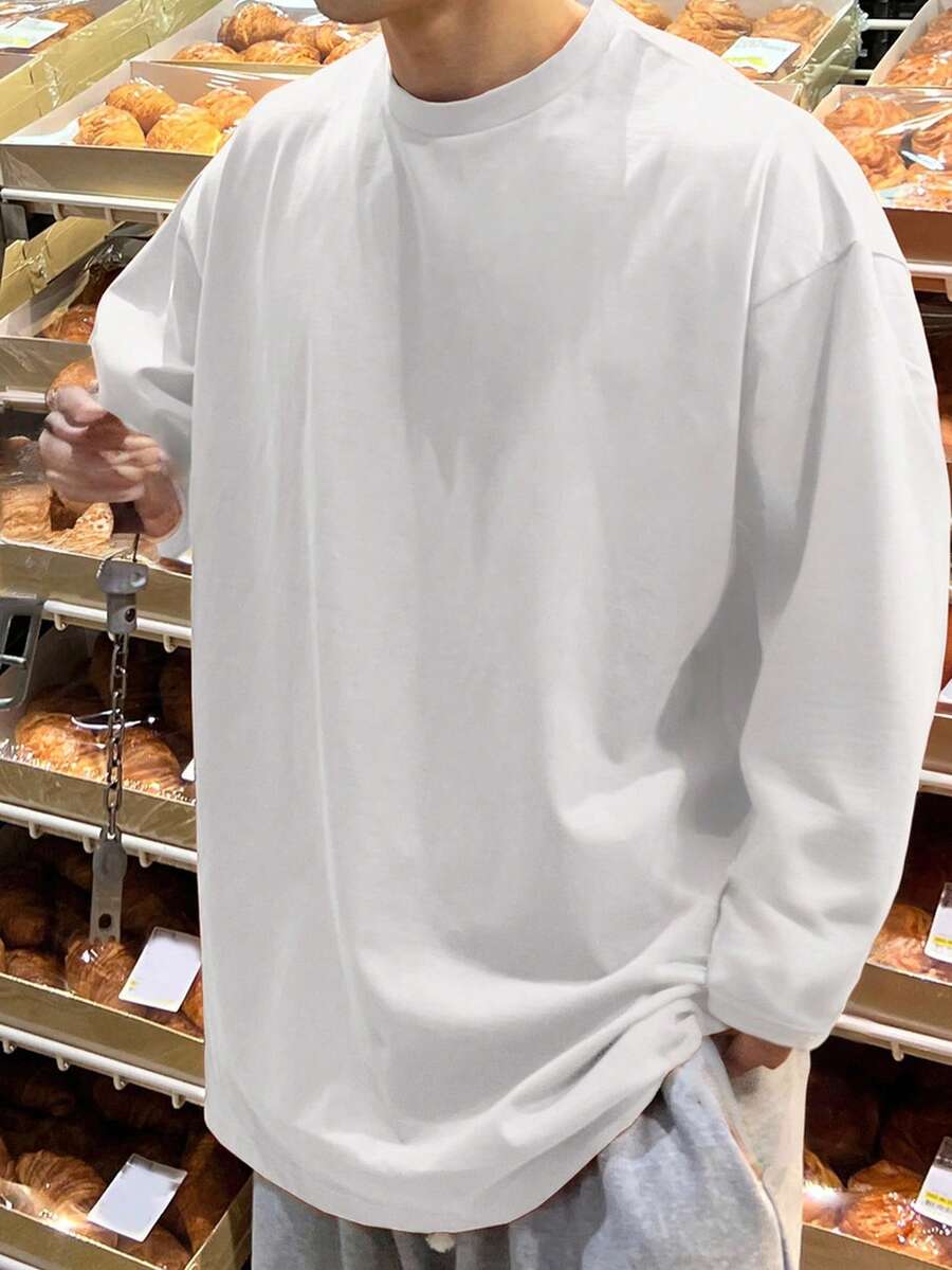 DAZY Men's Casual Basic Solid Color Drop Shoulder Long Sleeve T-Shirt - White - View 1