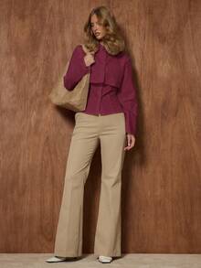 MUSERA 叠层修身纽扣前襟收腰翻领衬衫，可爱优雅性感，适合约会、外出、秋季、夜间外出、工作、度假、春夏等各种场合。 - 酒紅色 - 查看 5