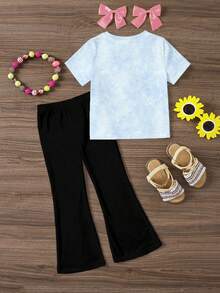 SHEIN Sparklyn Cute Tie Dye Knitted Co-Ords With Round Neck Tee And Flared Pants For Tween Girls Stitch Clothes Stich Outfits Kids Teen Girl Pants Set Leo And Stitch Clothes For Girl - Multicolor - View 2