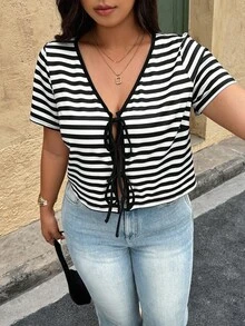 SHEIN LUNE Plus Size Summer Casual Striped Drawstring Short Sleeve T-Shirt - Black and White - View 4