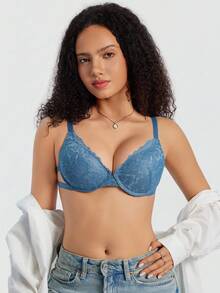 SHEIN Women's Comfortable Lace Underwire Bra, Blue - Blue - View 5