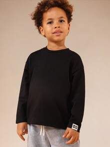 SUMWON 男童长袖圆领套头衫，背面印有文字，常规版型棉混纺上衣 - 黑色 - 查看 1