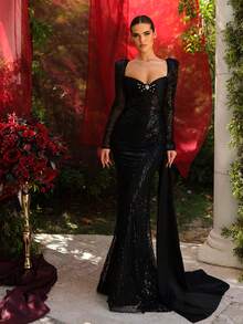 Glamrae 优雅奢华的缎面拼接闪亮珠绣长袖修身鱼尾连衣裙，胸部和腰部饰有褶裥，凸显身材曲线，适合婚礼、晚宴、商务活动、音乐会和正式场合。 - 黑色 - 查看 5