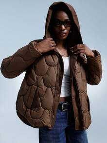 GENKIRA Áo khoác trùm đầu có mũ trùm đầu dáng dài màu cà phê họa tiết hình học gợn sóng trơn màu thu/đông thiết kế mới cho nữ - Cà phê nâu - Xem 5