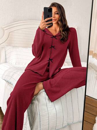 SHEIN Ribbad borstad v-ringad rosett med långärmad och byxor för kvinnor, höst/vinter pyjamasklänning för kvinnor, vinröd pyjamasset med knäppning, pyjamasset med långärmad loungeset med knäppning, höstkläder