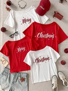 Bộ 2 áo thun tay ngắn hở vai in chữ "Merry Christmas" cho bé gái tuổi teen, màu đỏ và trắng - Nhiều màu - Xem 1