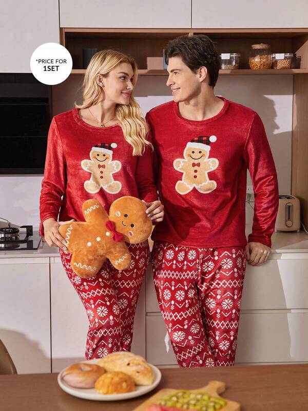 CoupledUp Conjunto de pijama de franela con diseño de hombre de jengibre navideño, ropa de invierno