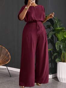 Slaydiva 春夏新款优雅通勤派对夜店户外绿色宽松落肩抽绳下摆露脐上衣和阔腿口袋裤女式大码两件套 - A - 酒紅色 - 查看 1