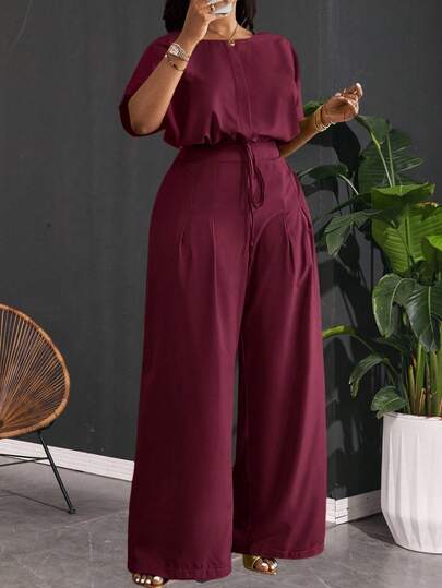 Slaydiva Conjunto de 2 piezas de top corto con hombros caídos y cordón en la cintura, y pantalones de pierna ancha con bolsillos, en color verde, elegante y versátil para uso diario, fiesta, club y exterior, talla grande, nueva llegada primavera/verano 2025 - A