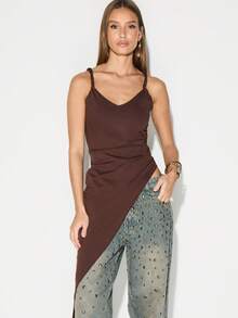 KIZN Twist Strap Asymmetrical Side Ruched Tank Top Sleeveless Summer Festival Basic Vest - Brown - View 1