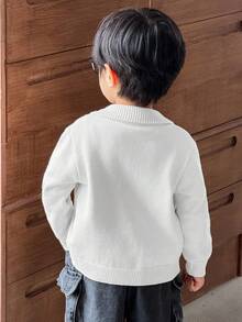 SHEIN Little Byeori 兒童小男孩休閒扭花前開拉鍊針織秋季開襟衫 - 白色 - 查看 6