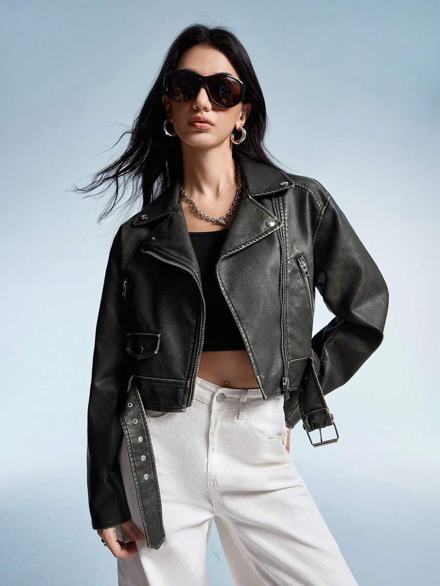 GENKIRA Áo khoác Moto Crop có khóa kéo thời trang dành cho nữ - màu đen - Xem 1