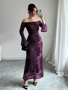 Modelyn 女式露肩喇叭袖扎染时尚网眼印花褶饰鱼尾修身连衣裙 - 紫色 - 查看 6