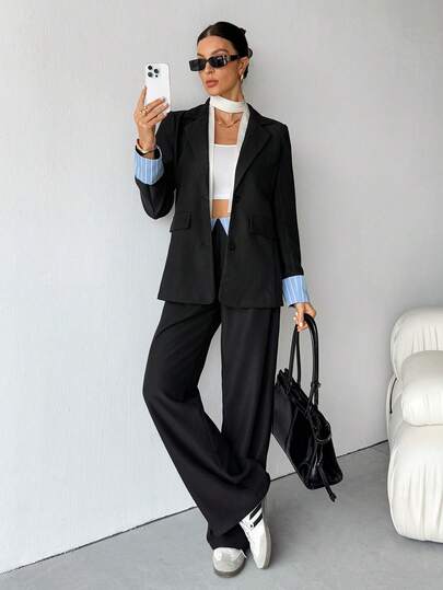 SHEIN Tall 女士条纹西装外套和裤子两件套，休闲百搭，适合秋冬季高个子女生，两件套套装，女士西装套装，女士职业套装