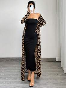SHEIN SXY 2pcs Women's Spring Summer Leopard Print Long Sleeve Maxi Jacket And Bodycon Dress Set Cheetah Print - Multicolor - View 1