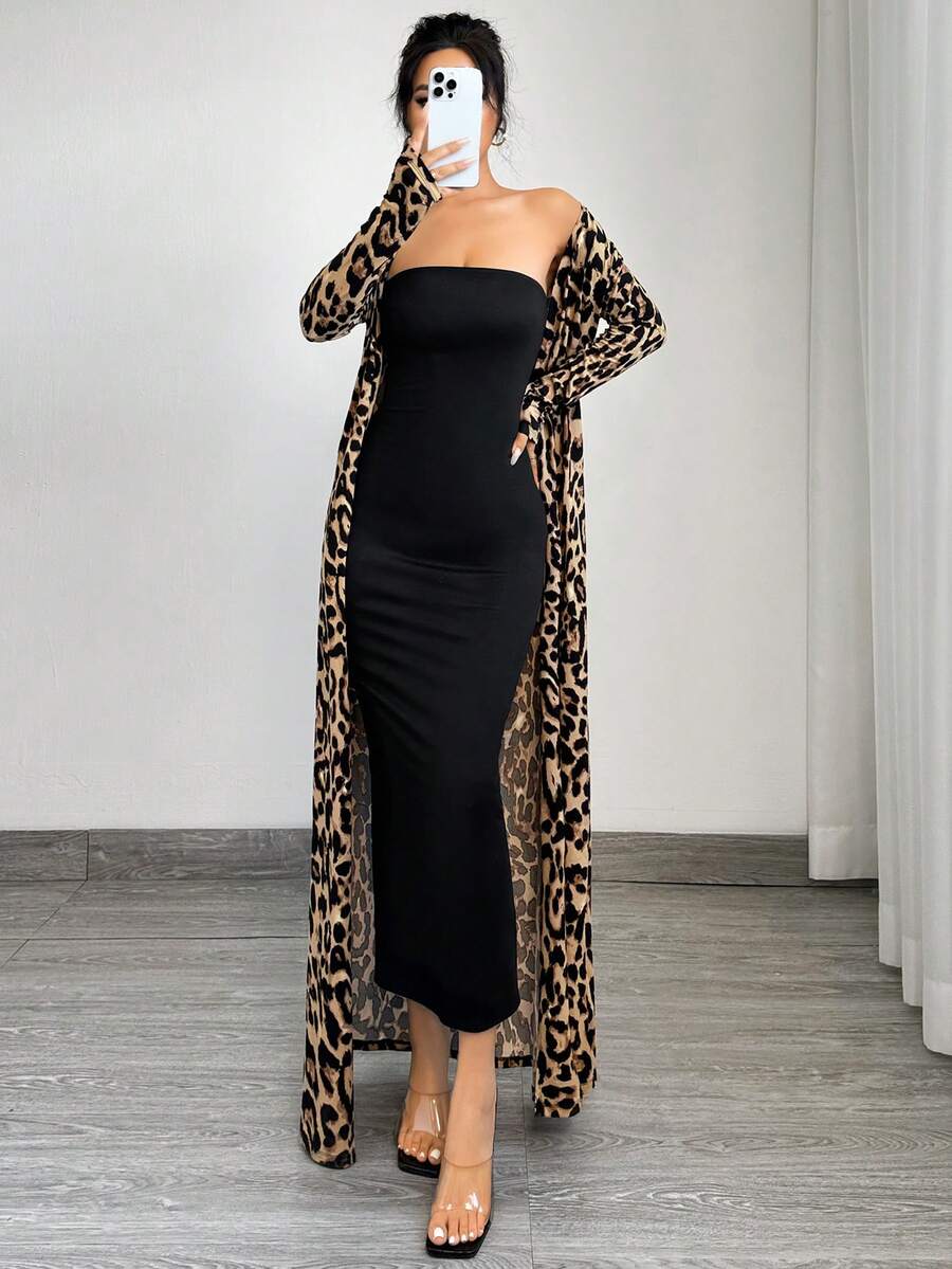 SHEIN SXY 2pcs Women's Spring Summer Leopard Print Long Sleeve Maxi Jacket And Bodycon Dress Set Cheetah Print - Multicolor - View 1