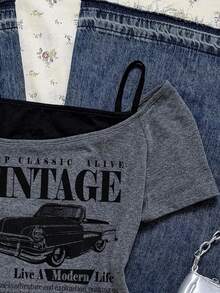 Attitoon Car & Slogan Graphic Cold Shoulder Tee - Multicolor - View 5