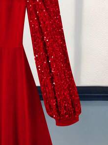 SHEIN Clasi 女式 V 领长袖红色亮片拼布腰部修身弹力串珠闪亮优雅日常穿着派对节日迷你连衣裙 - 紅色 - 查看 11