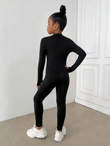 SHEIN Bộ đồ thể thao dệt kim cổ bẻ màu đen cho bé gái tuổi teen kèm quần legging, bộ đồ thể thao, bộ đồ thể thao thường ngày, bộ đồ chạy bộ - màu đen - Xem 2