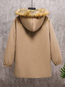 SHEIN Tween Boys' Casual Letter Graphic Thermal Lined Thick Hooded Jacket, Suitable For School, Garden, Beach, Birthday, Autumn/Winter - Khaki - View 2