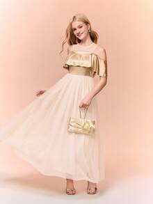 Vestido de satén con patchwork y superposición de malla, vestido de gala largo para adolescentes en color dorado para fiesta/banquete