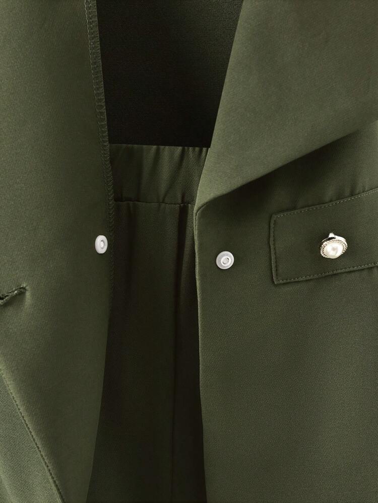 SHEIN بدلة رسمية مكونة من بليزر ضيق وبنطلون أخضر زيتوني مناسبة للفتيات المراهقات، أناقة المسافر - اخضر زيتون - مشاهدة 5