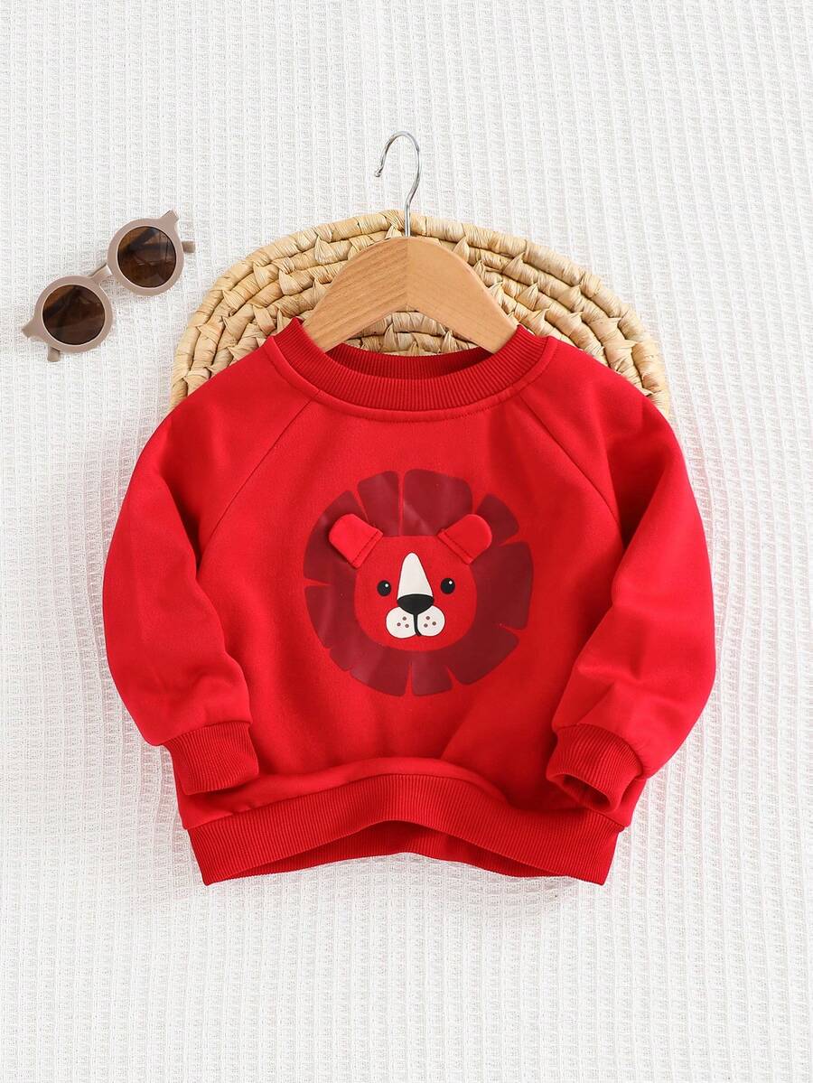 Cozy Pixies 男婴卡通狮子图案 3D 耳朵圆领插肩袖套头衫 - 紅色 - 查看 1