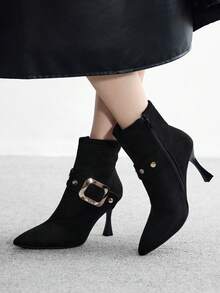 CUCCOO BIZCHIC Women's Black Buckle Design Fashion Mid-Calf High Heel Boots - Black - View 3