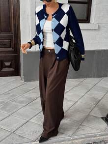 Pariaura 女式格子圆领长袖单排扣休闲针织开衫，秋冬 - 彩色 - 查看 4