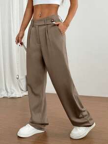 Flirla 1 件女士不对称腰部休闲、日常、通勤、购物卡其裤 - 摩卡棕 - 查看 3