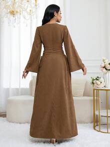 Al Najma 女士蕾丝拼布V领优雅长袖土耳其和阿拉伯传统长裙 - 棕色 - 查看 2