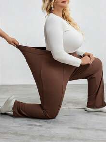 SHEIN CURVE+ Curve Plus High Waist Black Straight Leg Pants - Brown - View 7