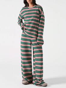 LYSMO 女士圆领落肩拼色条纹宽松休闲两件套 - 綠色 - 查看 4