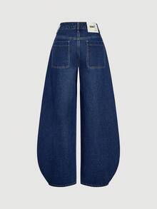 Sweetra 时尚休闲纽扣门襟大口袋水洗牛仔筒裤 - 深色水洗藍 - 查看 2