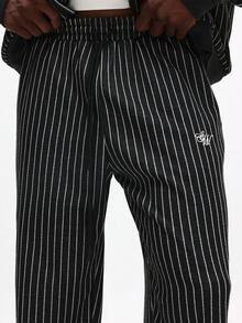 SUMWON Premium Tailored Pinstripe Co-Ord Set Bomber Jacket Track Pants Matching Athleisure Urban Streetwear Fall Winter - Black - View 6