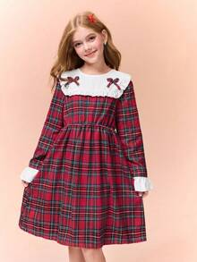 Tween Girl Ruffled Collar & Cuffs Patchwork Buttoned A-Line Dress, White & Brown,Holiday,Summer,Travel - Red - View 5