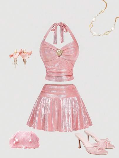 SHEIN MOD 女士浅粉色吊带背心和迷你裙两件套