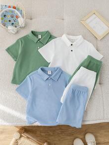 LMoss Kids 6 件装年轻男童休闲运动度假 Polo 领短袖 Polo 衫和配套松紧腰短裤套装，针织纯色舒适服装，适合儿童服装，年轻男童服装，返校，男童套装适合生日派对、晚会、表演、婚礼、洗礼、开幕式、日常使用、学校、旅行、运动、春夏季节 - 彩色 - 查看 5