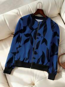 EMERY ROSE Women's Floral Print Long Sleeve Zip-Up Casual Baseball Jacket, Autumn - Navy Blue - View 1