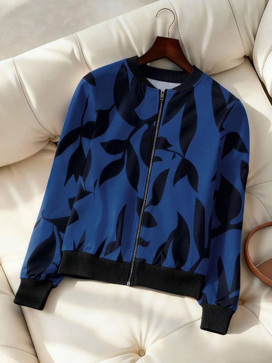 EMERY ROSE Women's Floral Print Long Sleeve Zip-Up Casual Baseball Jacket, Autumn - Navy Blue - View 1